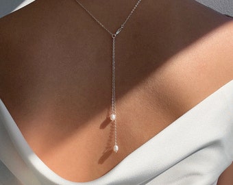 GRACIA chain - Freshwater Pearl Minimalist back chain bridal necklace / sterling silver / gold plated and rose gold plated brass