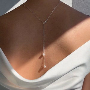 GRACIA chain - Freshwater Pearl Minimalist back chain bridal necklace / sterling silver / gold plated and rose gold plated brass