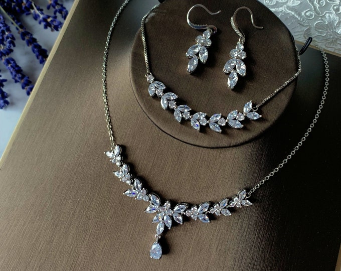 Parure JASMIN - Parure de bijoux en cristal en forme de feuille Argent/Or rose/Bijoux de mariée/Boucles d'oreilles Collier Bracelet