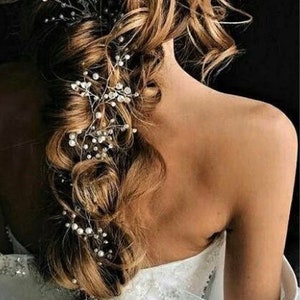 ELVINA Bridal Silver Pearl Rhinestone Hair Vine / Bridal Hair Jewelry image 8