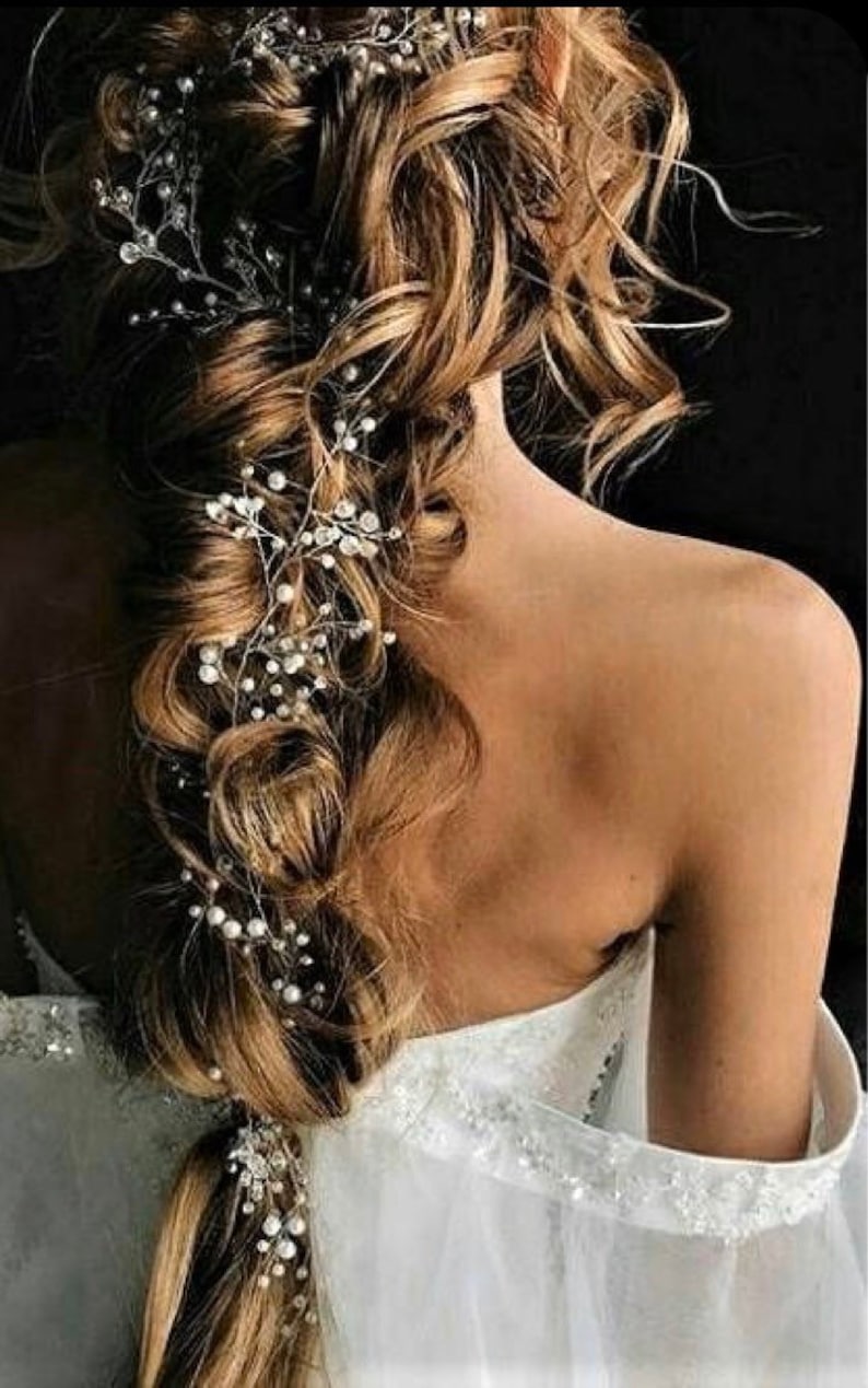 ELVINA Bridal Silver Pearl Rhinestone Hair Vine / Bridal Hair Jewelry image 8