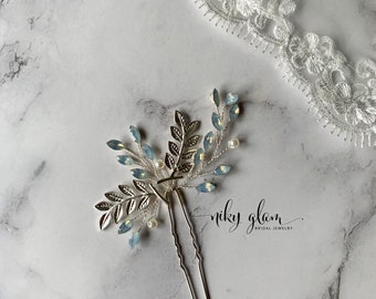 Handmade Bridal Hair Pin Blue Opal silver/ bridesmaid headpiece