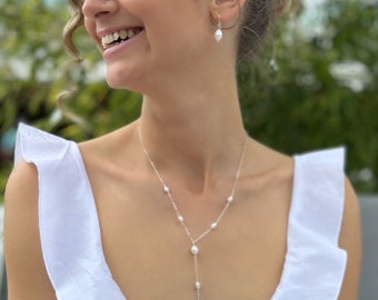 SIERRA set - Minimalist Freshwater Pearl Set 925 Sterling Silver / Bridal Earrings Lariat Necklace Bracelet
