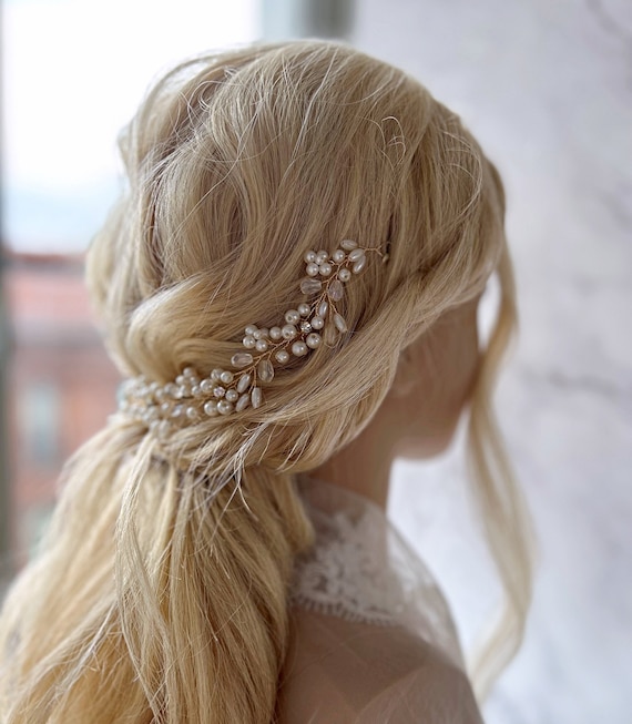 RUBY Headpiece - Bridal Crystal Pearl Hair Vine Silver Gold  display picture 3