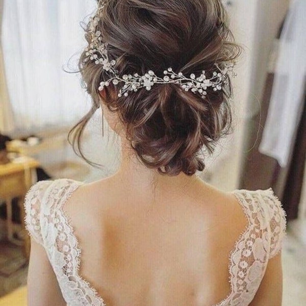 ELVINA - Vite per capelli con strass in argento perla nuziale / Gioielli per capelli da sposa