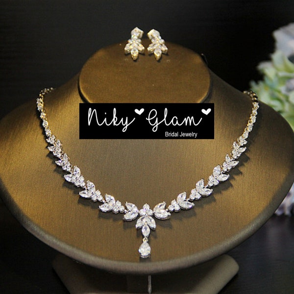 LAVENDER set- Leaf Design Bridal Jewelry Set Silver/RoseGold/Gold/Crystal Earrings Necklace Bracelet