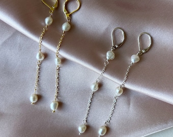 INIKA Earrings - Dainty Freshwater pearl long drop Earrings / Bridal earrings