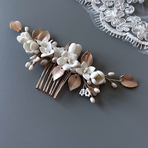 ELSA headpiece- Bridal Porcelain Floral Headpiece Hair comb / Rosegold Bridal Hair Accessories / Bridal Hair Jewelry