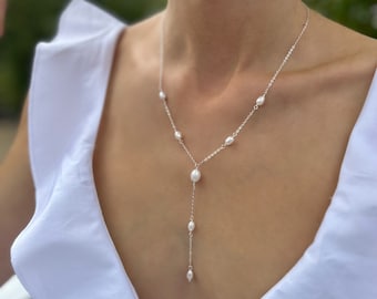 SIERRA chain - Freshwater Pearl Necklace 925 Sterling Silver / Bridal Necklace Lariat