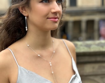 VIVIENNE set - Dainty Fresh Water Pearl Set 925 Sterling Silver / Bridal Earrings Lariat Necklace Bracelet