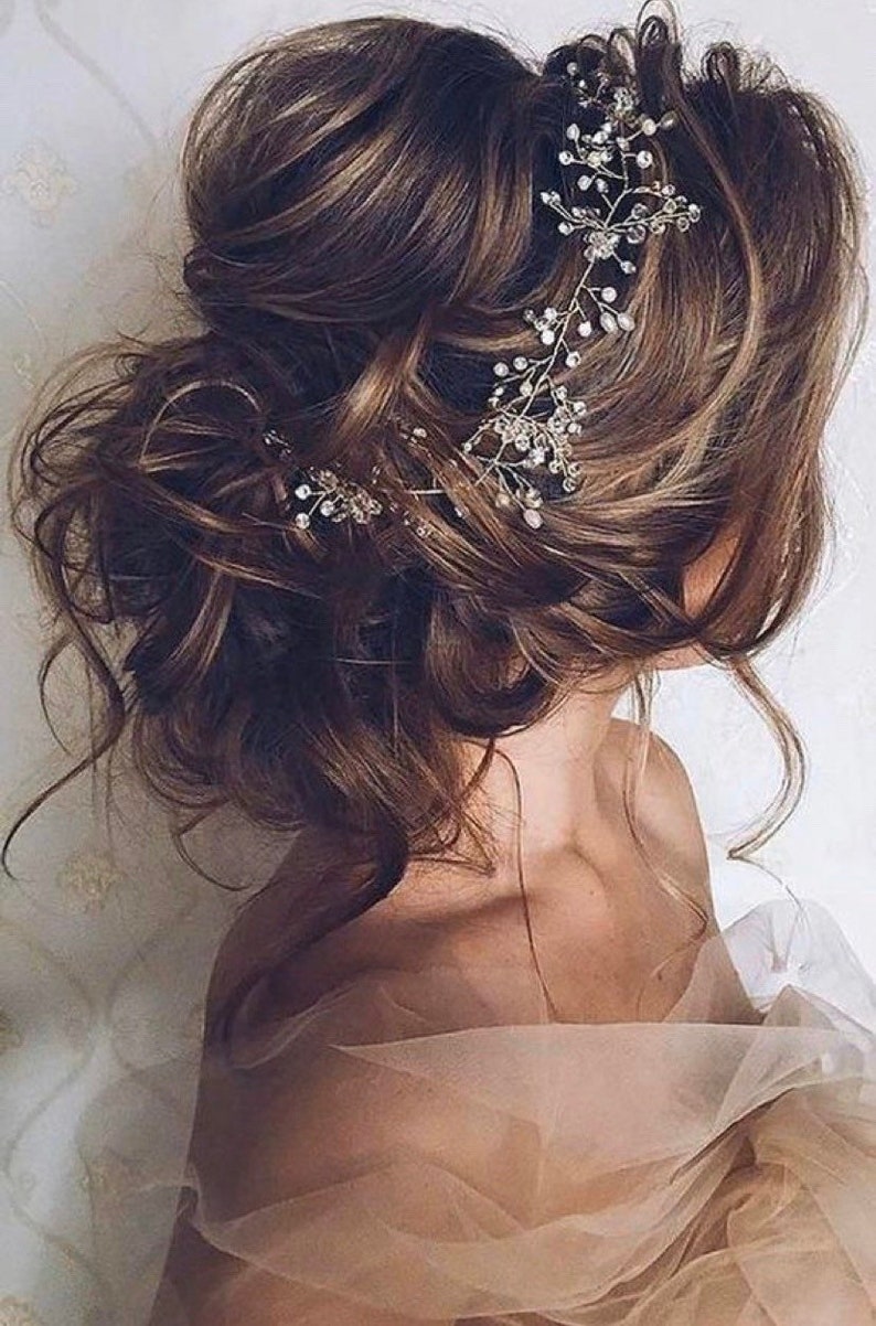 ELVINA Bridal Silver Pearl Rhinestone Hair Vine / Bridal Hair Jewelry image 7