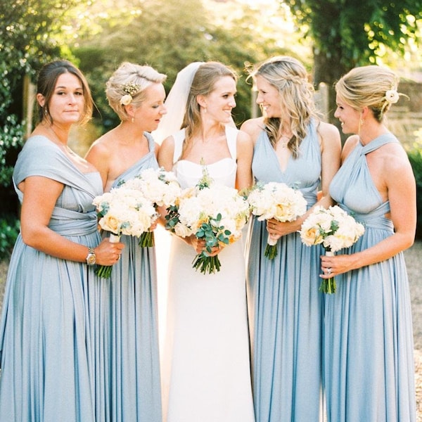 dusty blue midi dress Chiffon Bridesmaid A-Line Long Sleeve V-Neck Olimont Faux Wood 3 dx and zx Size:9m
