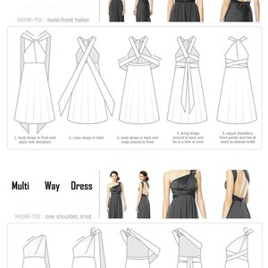Pode incluir: Diagrama mostrando como usar um vestido multi-uso em cinco estilos diferentes. O vestido &eacute; mostrado em cinza e os diagramas em preto e branco. O texto "How-to-wear instructions" est&aacute; no topo da imagem. O texto "Multi Way Dress" est&aacute; abaixo das instru&ccedil;&otilde;es. O texto "HOW-TO: twist-front halter" est&aacute; abaixo da imagem do vestido. O texto "HOW-TO: one shoulder, knot" est&aacute; abaixo do segundo conjunto de imagens de vestidos.