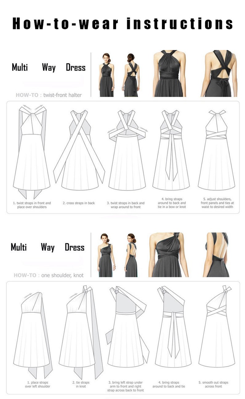 Pode incluir: Diagrama mostrando como usar um vestido multi-uso em cinco estilos diferentes. O vestido &eacute; mostrado em cinza e os diagramas em preto e branco. O texto "How-to-wear instructions" est&aacute; no topo da imagem. O texto "Multi Way Dress" est&aacute; abaixo das instru&ccedil;&otilde;es. O texto "HOW-TO: twist-front halter" est&aacute; abaixo da imagem do vestido. O texto "HOW-TO: one shoulder, knot" est&aacute; abaixo do segundo conjunto de imagens de vestidos.