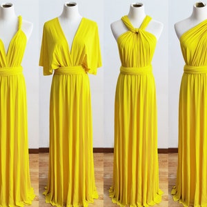 May include: Four yellow maxi dresses with different necklines and styles. The dresses are made of a soft, stretchy fabric and can be worn in multiple ways.