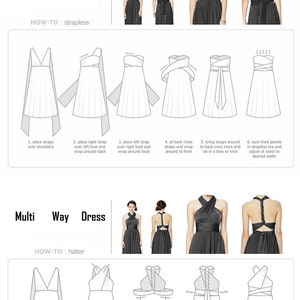 Pode incluir: Diagrama mostrando como usar um vestido multi-uso em seis estilos diferentes. O vestido &eacute; preto e os diagramas s&atilde;o em preto e branco. O texto diz "Instru&ccedil;&otilde;es de uso" e "Vestido multi-uso". A primeira se&ccedil;&atilde;o &eacute; intitulada "COMO USAR: sem al&ccedil;as" e a segunda se&ccedil;&atilde;o &eacute; intitulada "COMO USAR: halter".