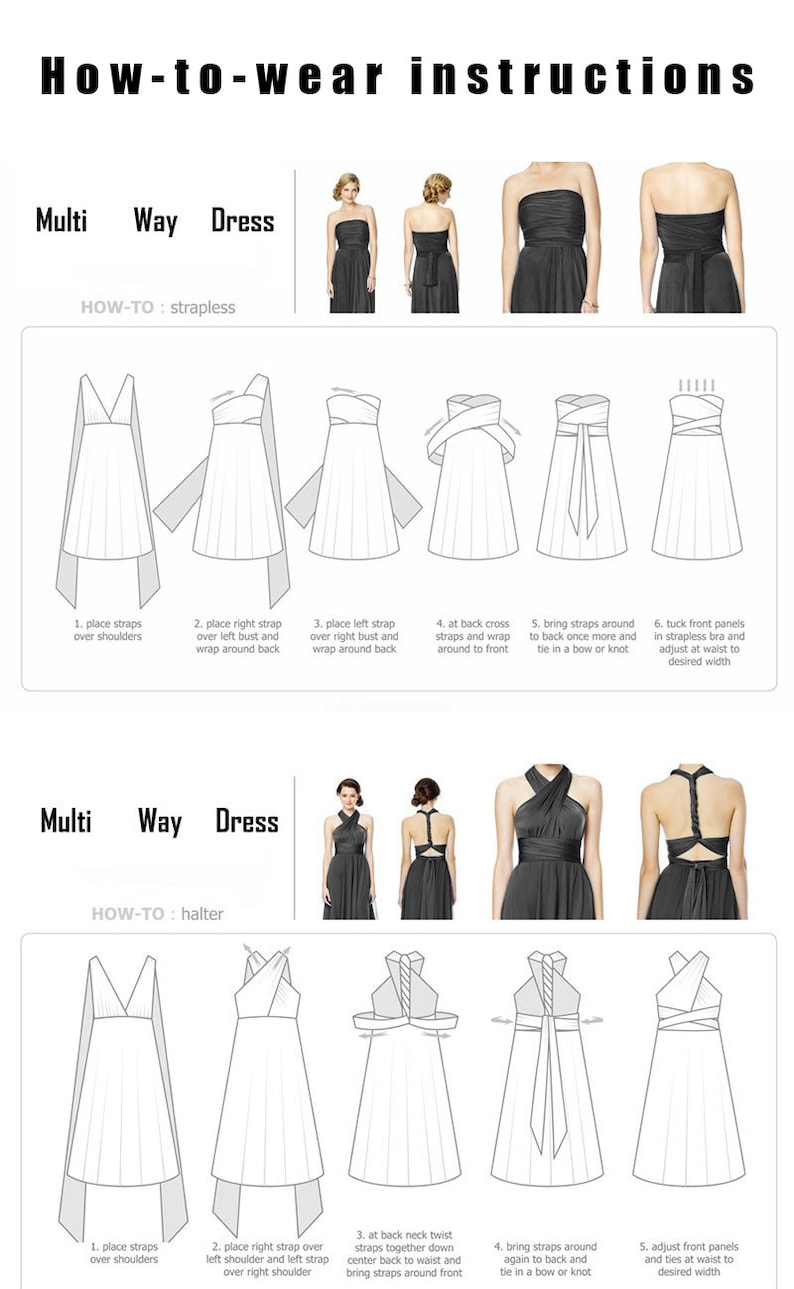 Pode incluir: Diagrama mostrando como usar um vestido multi-uso em seis estilos diferentes. O vestido &eacute; preto e os diagramas s&atilde;o em preto e branco. O texto diz "Instru&ccedil;&otilde;es de uso" e "Vestido multi-uso". A primeira se&ccedil;&atilde;o &eacute; intitulada "COMO USAR: sem al&ccedil;as" e a segunda se&ccedil;&atilde;o &eacute; intitulada "COMO USAR: halter".