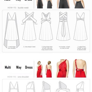 Pode incluir: Diagrama mostrando como usar um vestido multi-uso em cinco estilos diferentes. O primeiro estilo &eacute; um estilo de cintura com fivela. O segundo estilo &eacute; um estilo de um ombro.