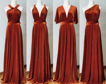 RUST-VELVET Bridesmaid Dress, Infinity Dress, Multi-way Bridesmaid Dress, Long Dress for Women Wedding Guest Winter, Party Dress