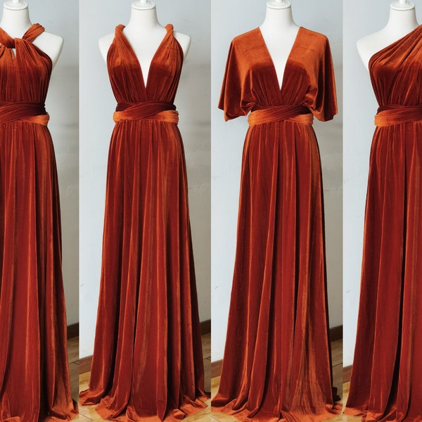 RUST-VELVET Bridesmaid Dress, Infinity Dress, Multi-way Bridesmaid Dress, Long Dress for Women Wedding Guest Winter, Party Dress