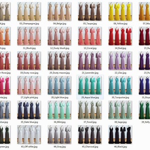 Pode incluir: Uma tabela com 46 amostras de cores diferentes, cada uma mostrando tr&ecirc;s vestidos de dama de honra na mesma cor. As cores variam de claro a escuro e incluem tons de rosa, azul, verde, roxo e marrom.