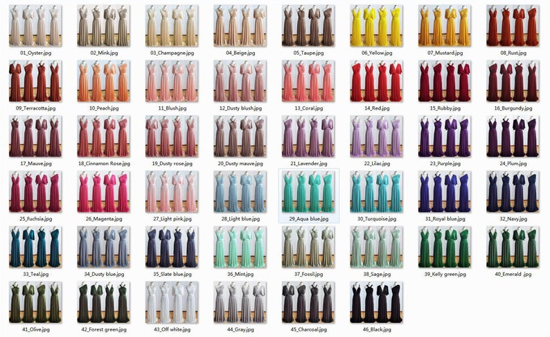 Pode incluir: Uma tabela com 46 amostras de cores diferentes, cada uma mostrando tr&ecirc;s vestidos de dama de honra na mesma cor. As cores variam de claro a escuro e incluem tons de rosa, azul, verde, roxo e marrom.