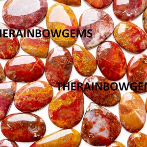 Puede incluir: Una colección de 17 cabujones de ágata roja, naranja y blanca con un acabado pulido. Los cabujones son de forma ovalada y tienen una variedad de patrones y texturas. Los cabujones están dispuestos en un patrón aleatorio sobre un fondo blanco. THERAINBOWGEMS está impreso en la imagen.