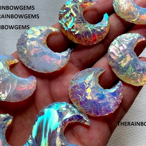 Aura de ángel recubierta de opalita, luna creciente, cuarzo recubierto de opalita, cristal de aura recubierto de opalita metafísica para hacer joyas