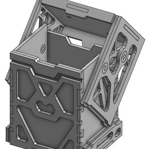 May include: A gray, geometric box with a hinged lid, showcasing a modern, industrial design. The box features cut-out patterns and a sturdy construction, ideal for storage or display. The lid is partially open, revealing the interior space.