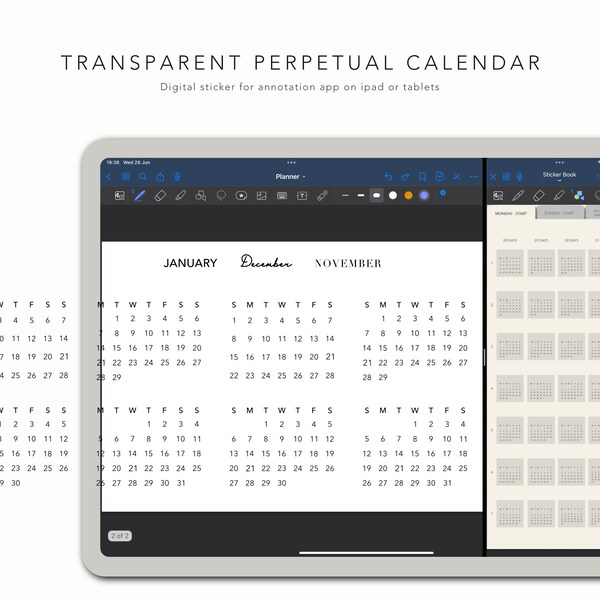Transparent Perpetual Calendar Digital Stickers, Mini Calendar Digital Stickers, Goodnotes Digital Calendar Sticker Book