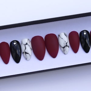 Marble Wine nails | Press on nails | Stick on nails | Black nails | Dark red nails | Almond nails | False nails | Swarovski nails | Matte