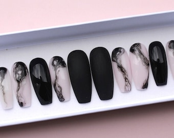 Uñas de tinta acuarela negra y rosa • Uñas postizas • Uñas a presión • Uñas mate • Uñas con efecto polvo • Cualquier forma • Uñas adhesivas • Uñas postizas