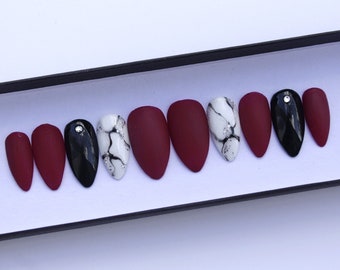 Marble Wine nails | Press on nails | Stick on nails | Black nails | Dark red nails | Almond nails | False nails | Swarovski nails | Matte