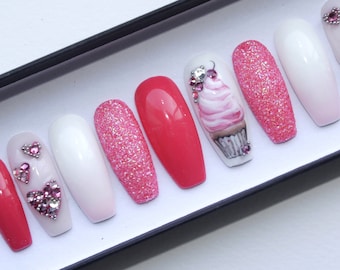 Cherry cupcake nails • Pink Nails • Glitter Nails • Rhinestones nails • False nails • Press on nails • Glue on nails • Fake nails • Ombre •