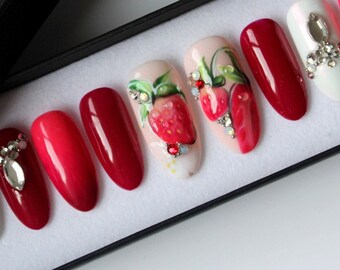 Strawberry dream | Swarovski nails | False Nails | Press on Nails |Any Shape| Fake Nails | Glue on Nails | Red Coffin Nails | Ombre Nails |