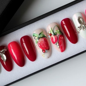 Strawberry dream | Swarovski nails | False Nails | Press on Nails |Any Shape| Fake Nails | Glue on Nails | Red Coffin Nails | Ombre Nails |
