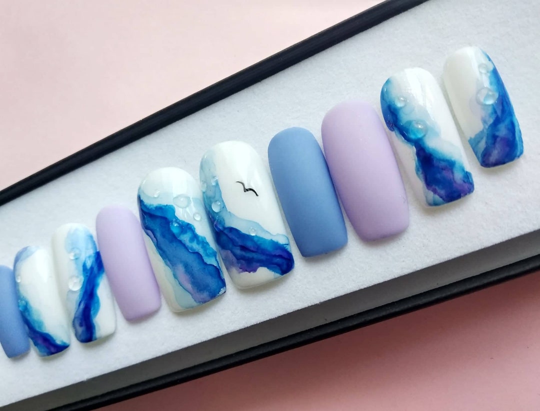 Watercolor Ocean Nails Marble Nails aqua Colors Nails - Etsy