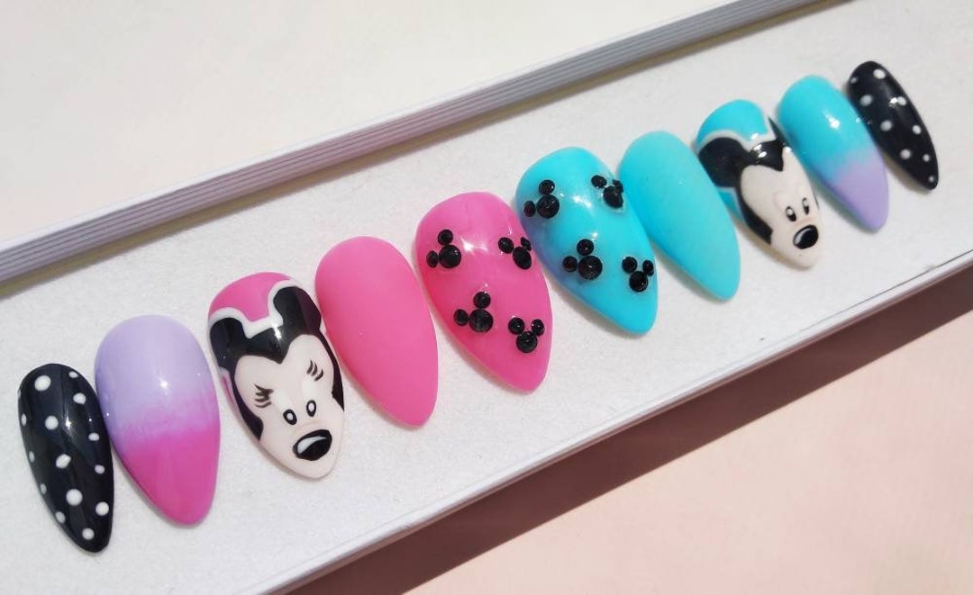 Mickey Mouse and Minnie Mouse Fake Nails Pink and Blue Ombre False Nails Handpainted Press on