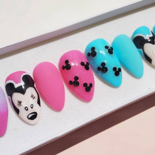 Mickey Mouse and Minnie mouse Fake nails Pink and Blue  Ombre False nails Handpainted press on nails Disney glue on nails Custom pressons
