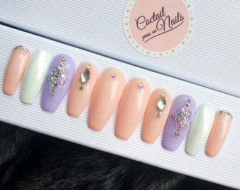 Crystal Princess Nail Set • Swarovski nails • False nails • Purple and Pink nails • Fake nails • Press on nails •  Glossy nails •  Purple •