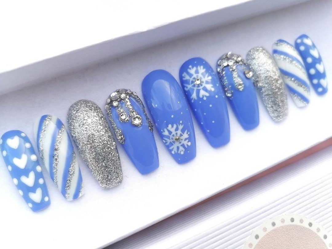 Snowflakes Ice Blue Glitter Fake Nails Sparkle Rhinestones - Etsy