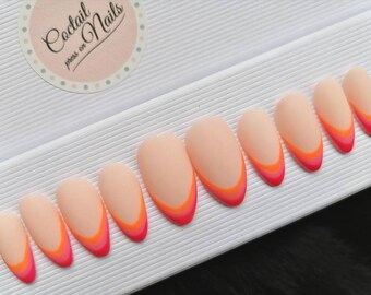 Summer Ombre Matte French False nails Gradient Pink and Orange Press on nails  Waves glue on nails Abstract Pressons fake nails Luxury nails