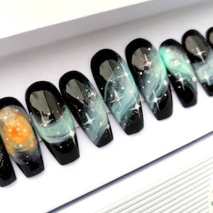 Galaxy Stars False Nails  Nebula Press on Nails  Space Aurora Swarovski crystals Fake Nails  Stick on Nails  Pressons Glue on nails