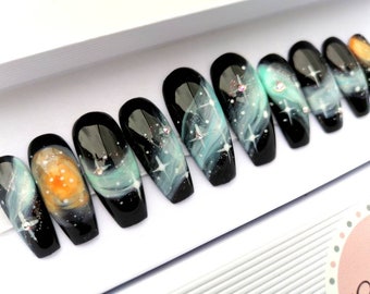 Galaxy Stars False Nails  Nebula Press on Nails  Space Aurora Swarovski crystals Fake Nails  Stick on Nails  Pressons Glue on nails
