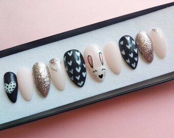 Easter Sping Pink and Black Bunny  False nails • Cute Heart nails  • Fake nails • Press on nails • pressons • Glue on nails  • Matte nails