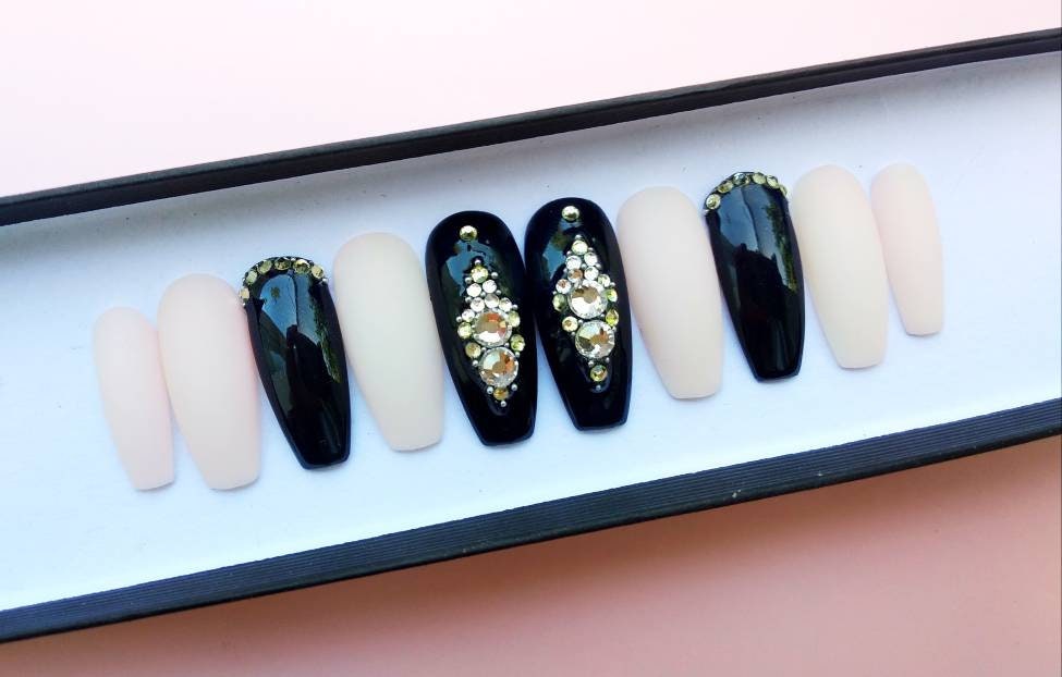 Pink and Black Swarovski Crystal Nails Press on nails Glue | Etsy