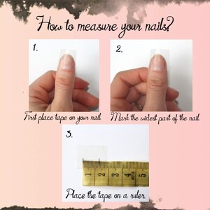 May include: How to measure your nails: A step-by-step guide with images showing how to place tape on your nail, mark the widest part, and measure the tape with a ruler.