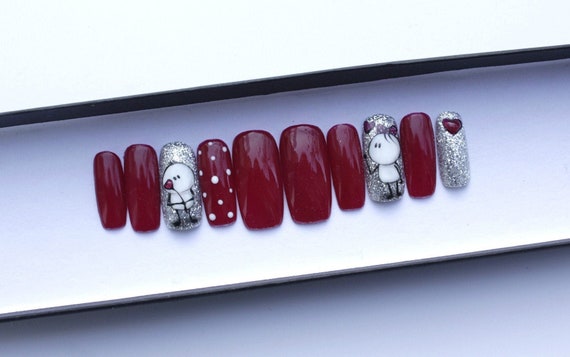 Red Love Glitter Nails • Cherry Red Glossy Nails • Cartoon Nails • Emoticon nails • Fake nails • Press on nails • Handpainted nails •