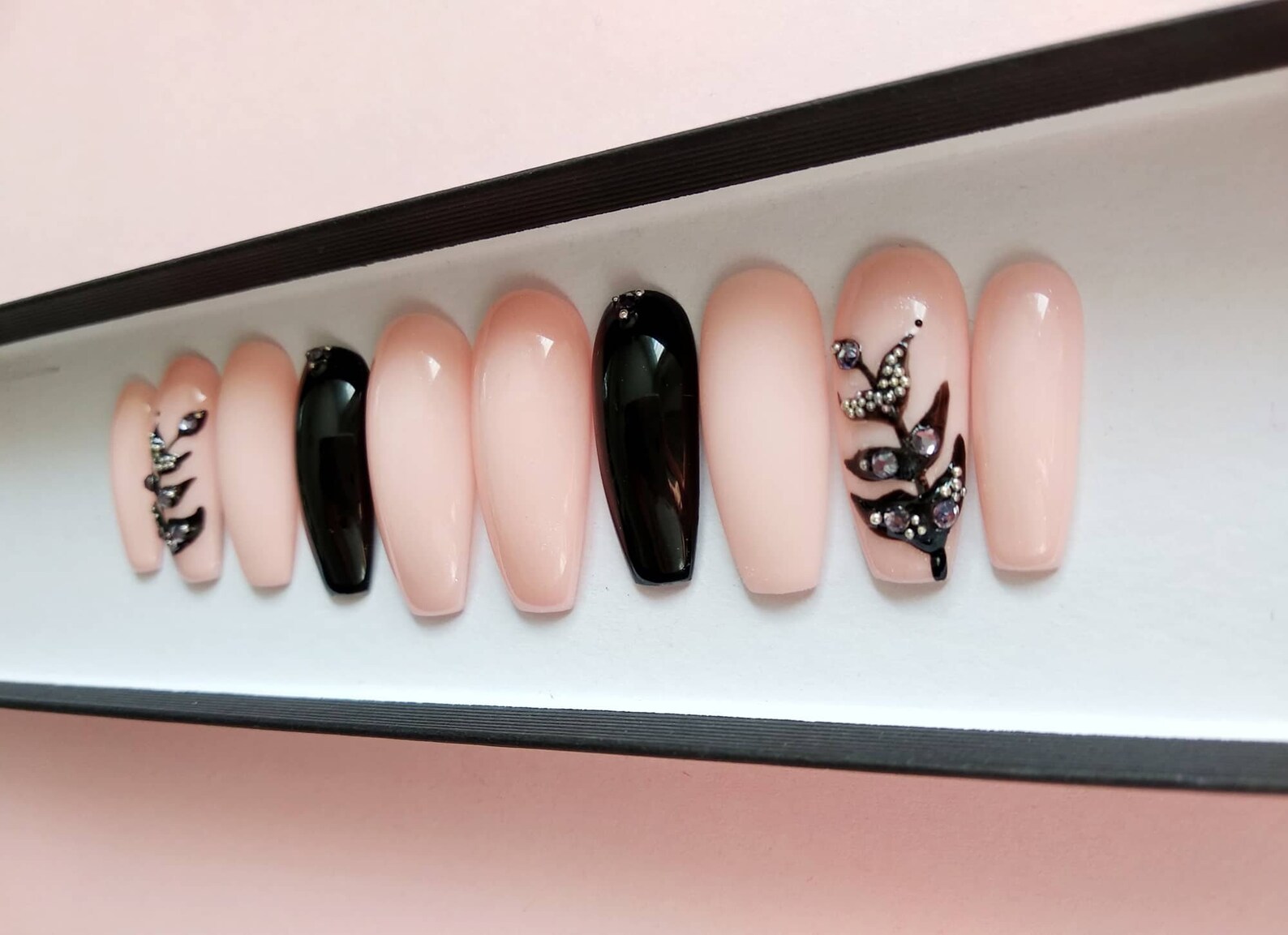 Pink and Black Leaf Nails False Nails Swarovski Nails Etsy