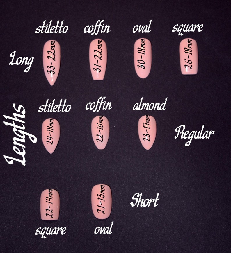 Puede incluir: Una gu&iacute;a de formas y longitudes de u&ntilde;as, con dise&ntilde;os de estileto, ata&uacute;d, ovalado, almendra y cuadrado. La imagen muestra varios estilos de u&ntilde;as con medidas en mil&iacute;metros, categorizados como Largo, Regular y Corto.